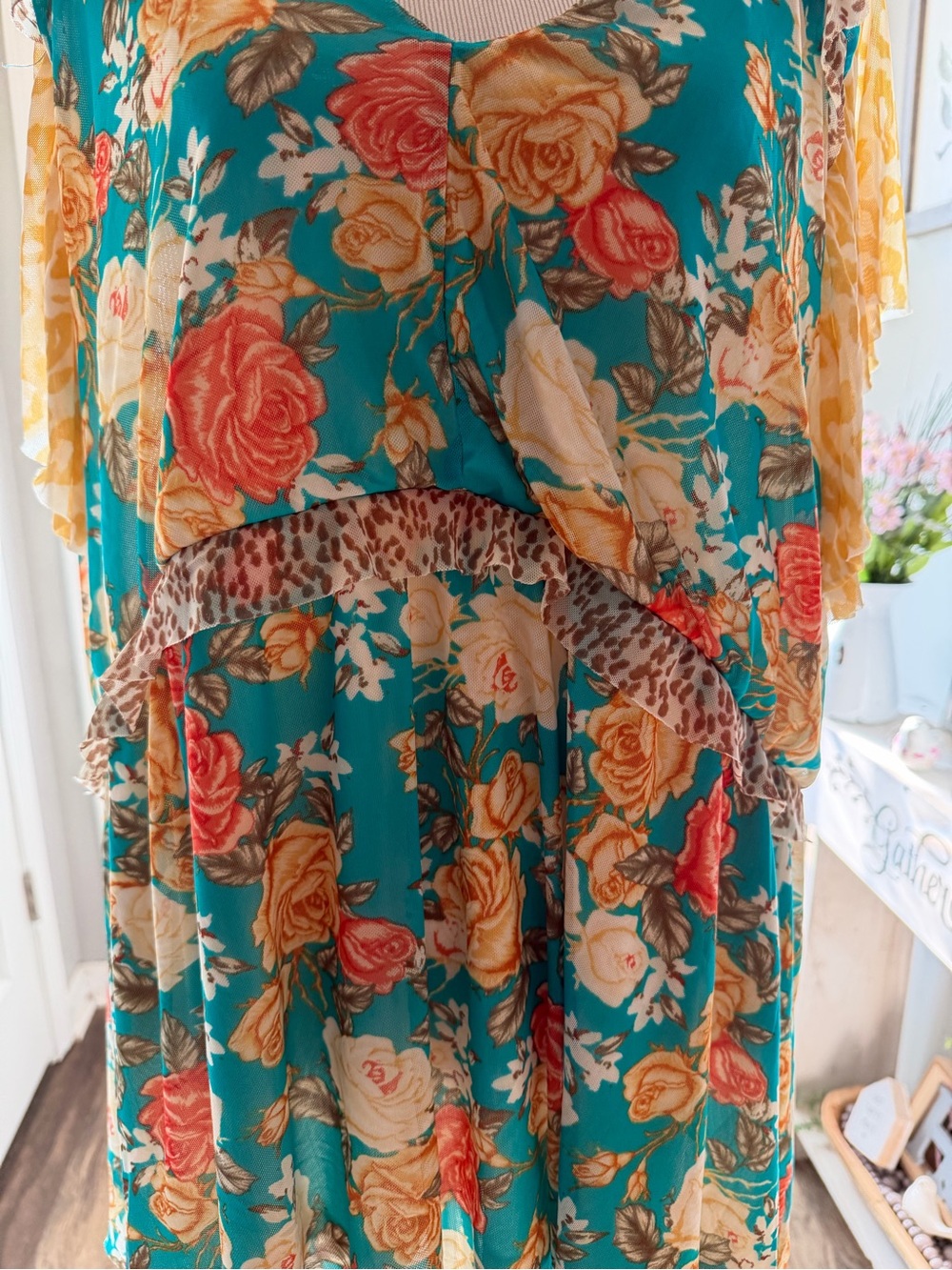 Floral Teal Shirt  with Yellow & Coral Roses